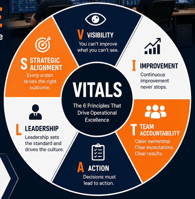 VITALS: Visibility, Improvement, Team Accountability, Action, Leadership and Strategic Alignment — the six principles that drive operational excellence